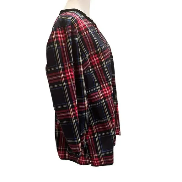 Talbots Velvet Trim Top Red Plaid Long Sleeve Split Neck Womens XL Christmas - Picture 5 of 12